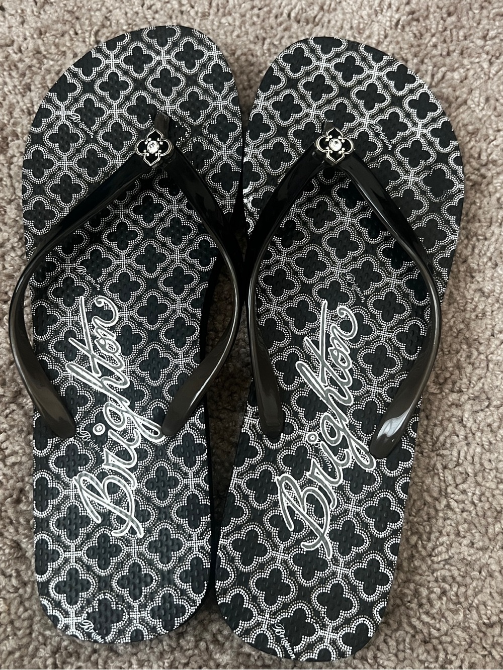 Brighton Black Patterned Flip Flop Sandals with Logo